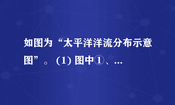 如图为“太平洋洋流分布示意图”。 (1) 图中①、②、③、④洋流为寒流的是          A. ①           B. ②           C. ③            D. ④       (2) 图中甲处有世界著名的渔场，其形成的原因主要是            A. 暖流流经海域，海水温暖      B.  寒流流经海域，海水上泛，营养物质丰富            C.  寒.暖流交汇，饵料丰富      D.  不受洋流影响，风平浪静